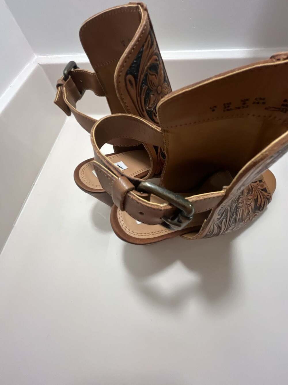 Myra Bag Dodge Town Hand-Tooled Leather Open Toe Heels - Picture 8 of 15